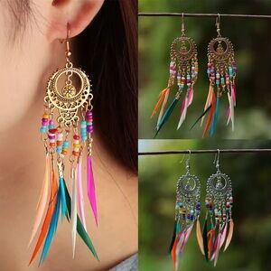Bohemian Feather Earrings. Retro Ethnic Rainbow beads tassels earrings 🪶 A3-137